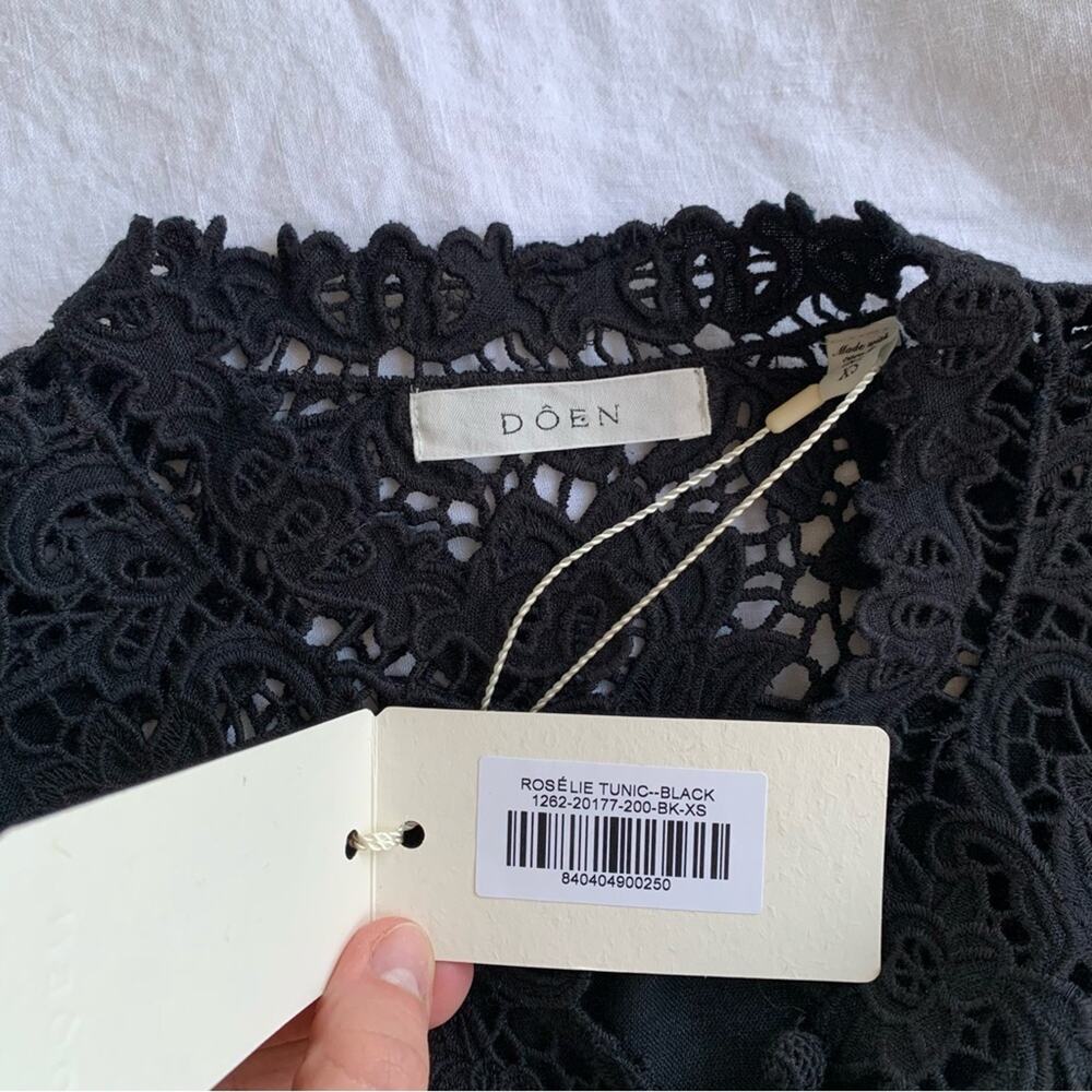 NWT Doen Roselie Linen Lace Crochet Collar 3/4 Sleeve Tunic Mini Dress Black - Picture 12 of 16